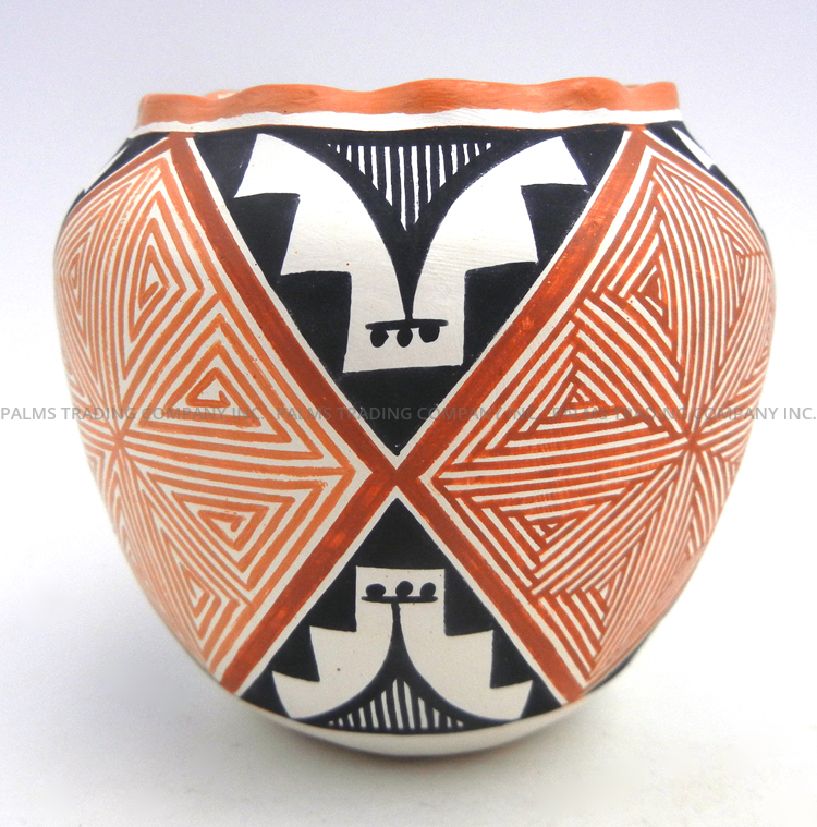 Acoma Adrian Trujillo Small Handmade and Hand Painted Multi-Pattern Polychrome Jar with Scalloped Rim - Image 3