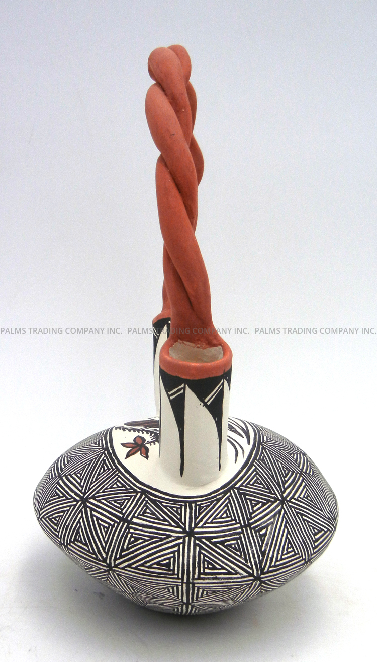 Acoma Ruth Estevan Handmade Polychrome Fine Line and Butterfly Wedding Vase with Twisted Handle - Image 3