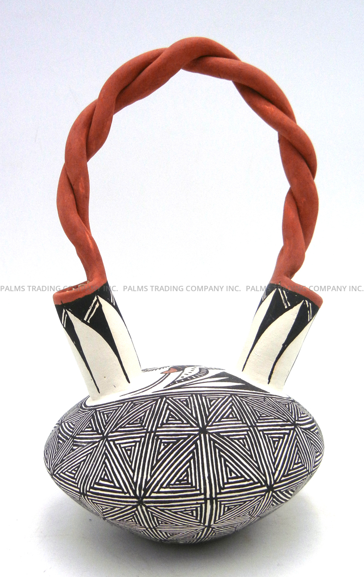 Acoma Ruth Estevan Handmade Polychrome Fine Line and Butterfly Wedding Vase with Twisted Handle - Image 4