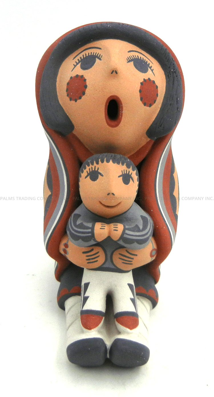 Jemez seated storyteller figurine with one child by Darrick Tsosie