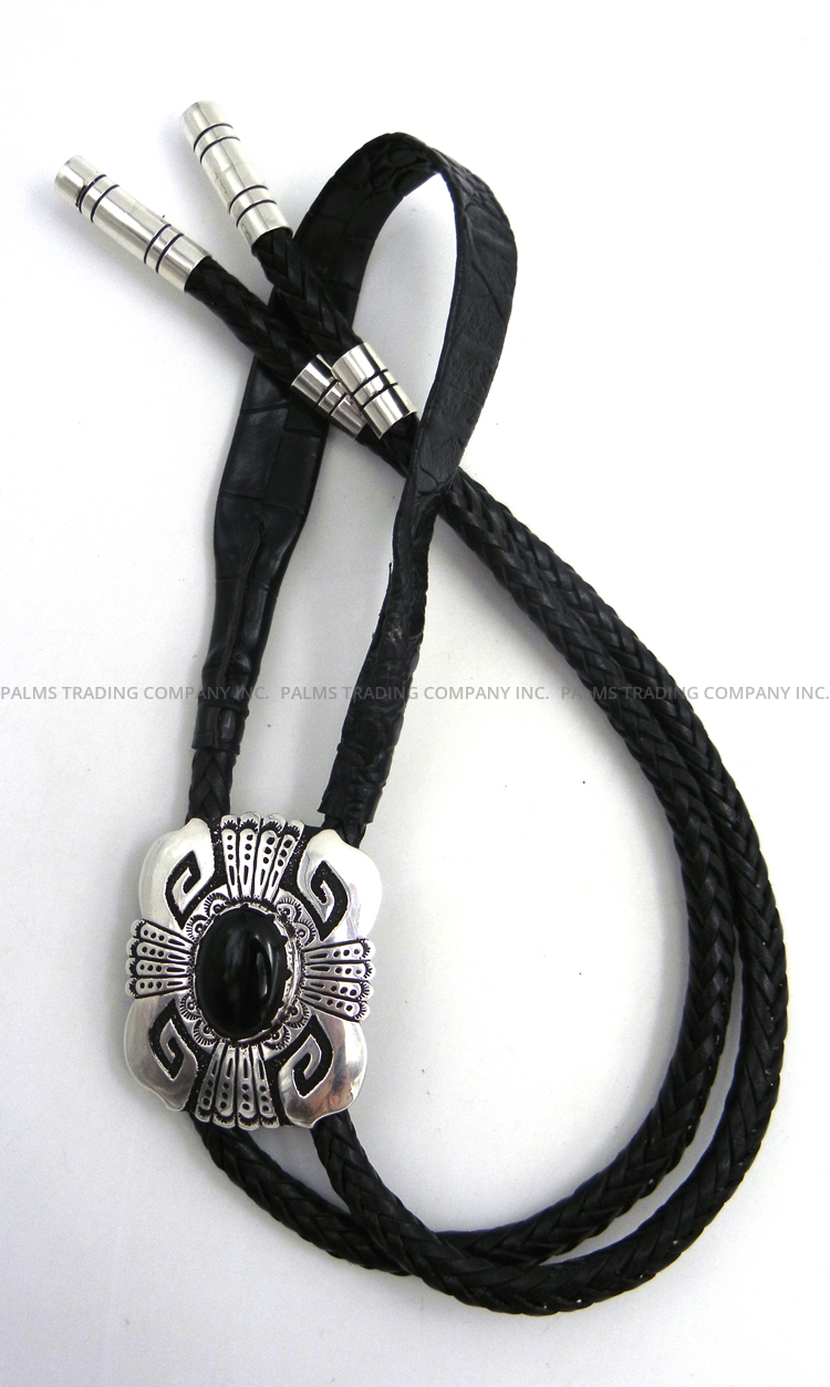 Navajo sterling silver overlay and onyx bolo tie by Tommy and Rosita Singer