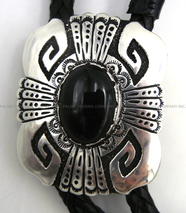 Navajo Tommy and Rosita Singer Onyx and Sterling Silver Overlay Bolo Tie - Image 3
