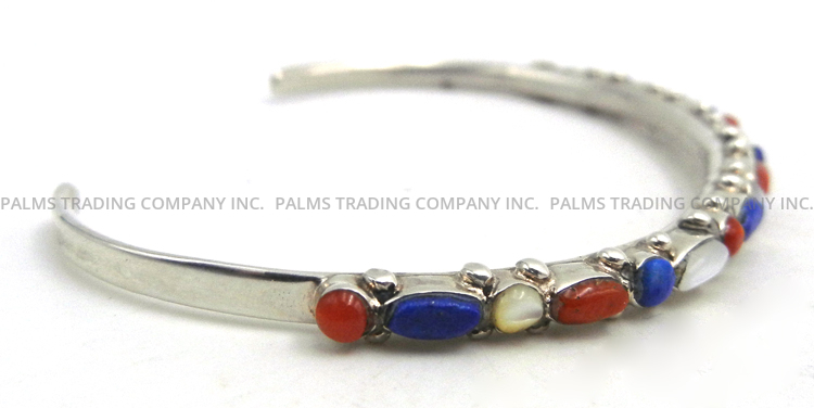 Navajo Thin Band Multi-Stone and Sterling Silver Cuff Bracelet - Image 3