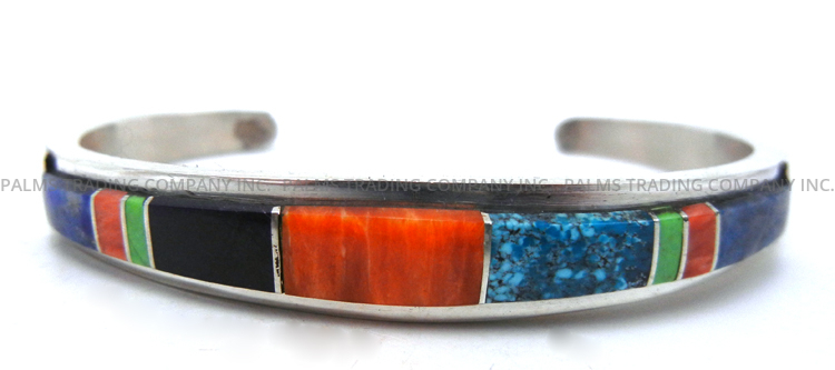 Navajo multi-stone and sterling silver channel inlay cuff bracelet by Kyle Yellowhair