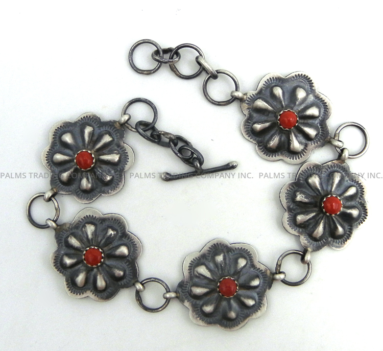 Navajo brushed sterling silver and coral concho style link bracelet