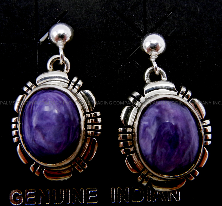 Navajo small charoite and sterling silver post dangle earrings