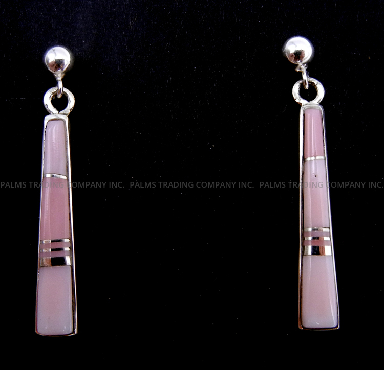 Navajo pink conch and sterling silver channel inlay post dangle earrings by Rick Tolino