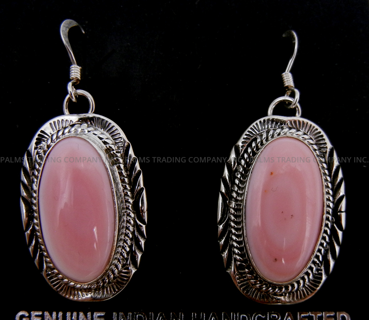 Navajo oval pink conch and sterling silver dangle earrings by Will Denetdale