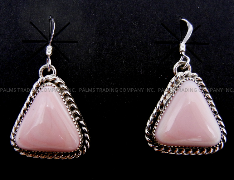 Navajo triangular pink conch and sterling silver dangle earrings