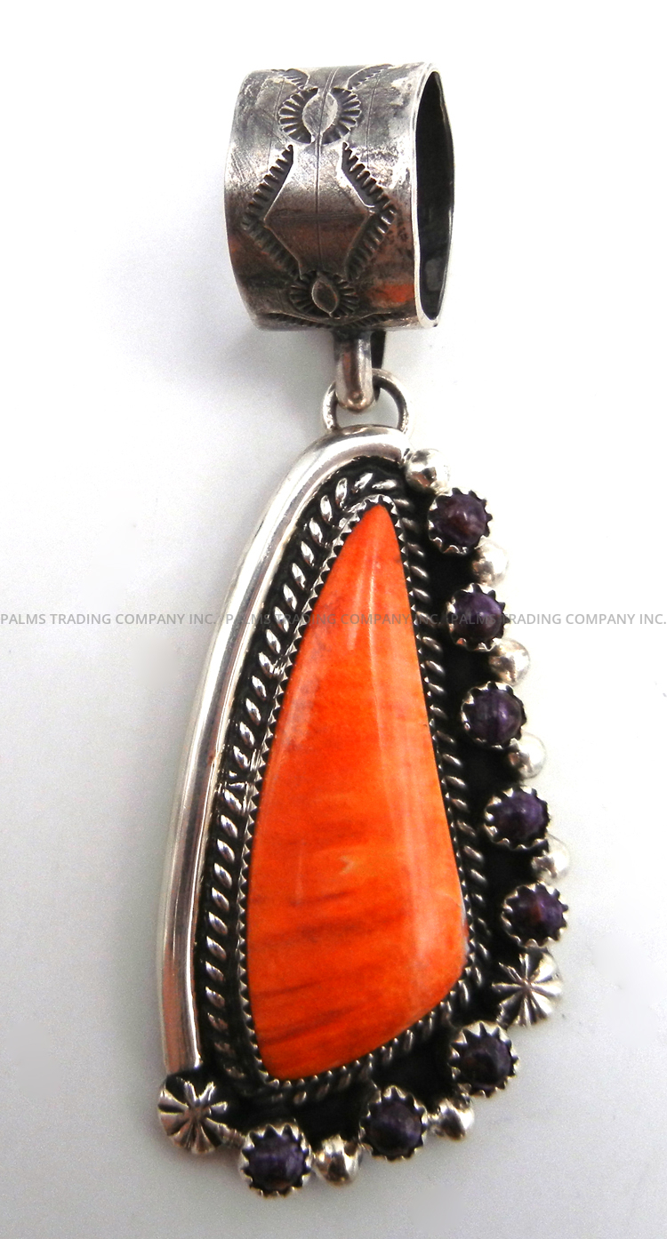Navajo orange and purple spiny oyster shell and sterling silver pendant by Sandra Parkett