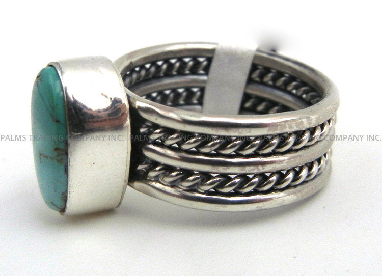 Navajo Wide Band Sterling Silver and Turquoise Ring - Image 3