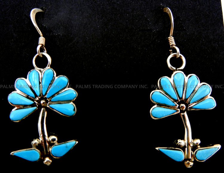 Zuni turquoise and sterling silver inlay flower dangle earrings by Renita Shabla