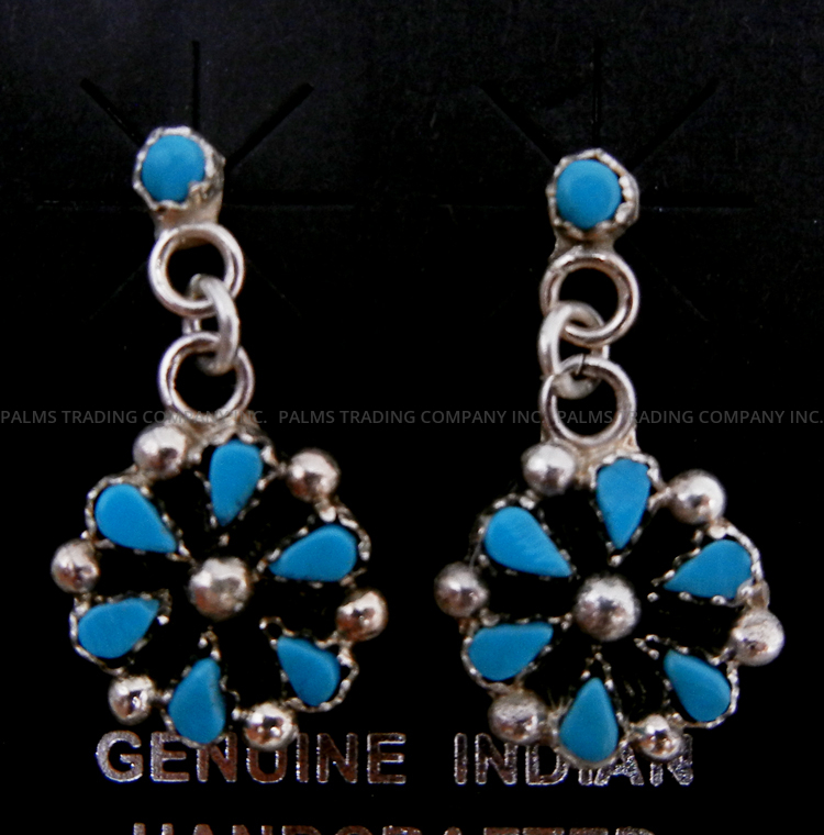 Zuni small turquoise and sterling silver cluster post dangle earrings