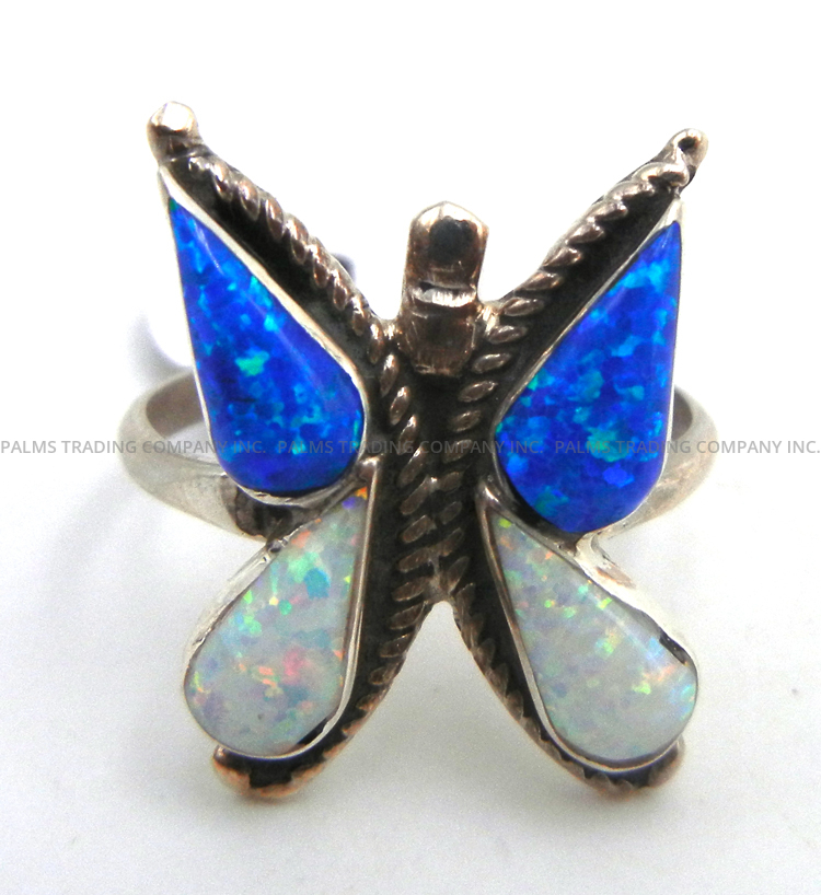 Zuni blue and white lab opal and sterling silver butterfly ring