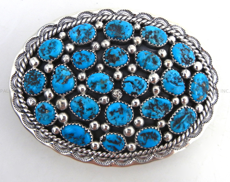 Navajo turquoise nugget and sterling silver belt buckle by Chester Charley