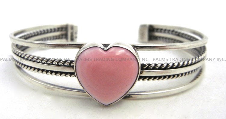 Navajo pink conch and sterling silver heart cuff bracelet