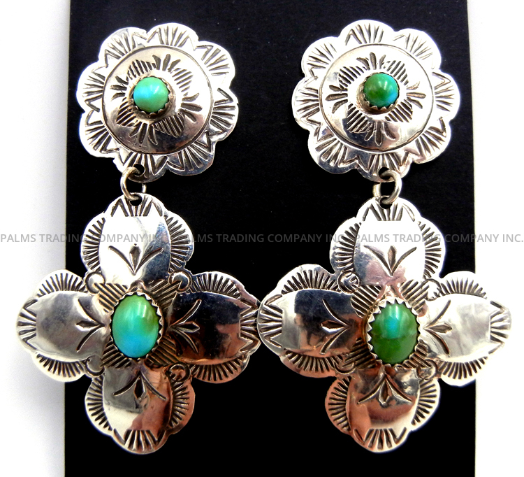 Navajo sterling silver and green turquoise concho and cross post dangle earrings by Bertha Begay