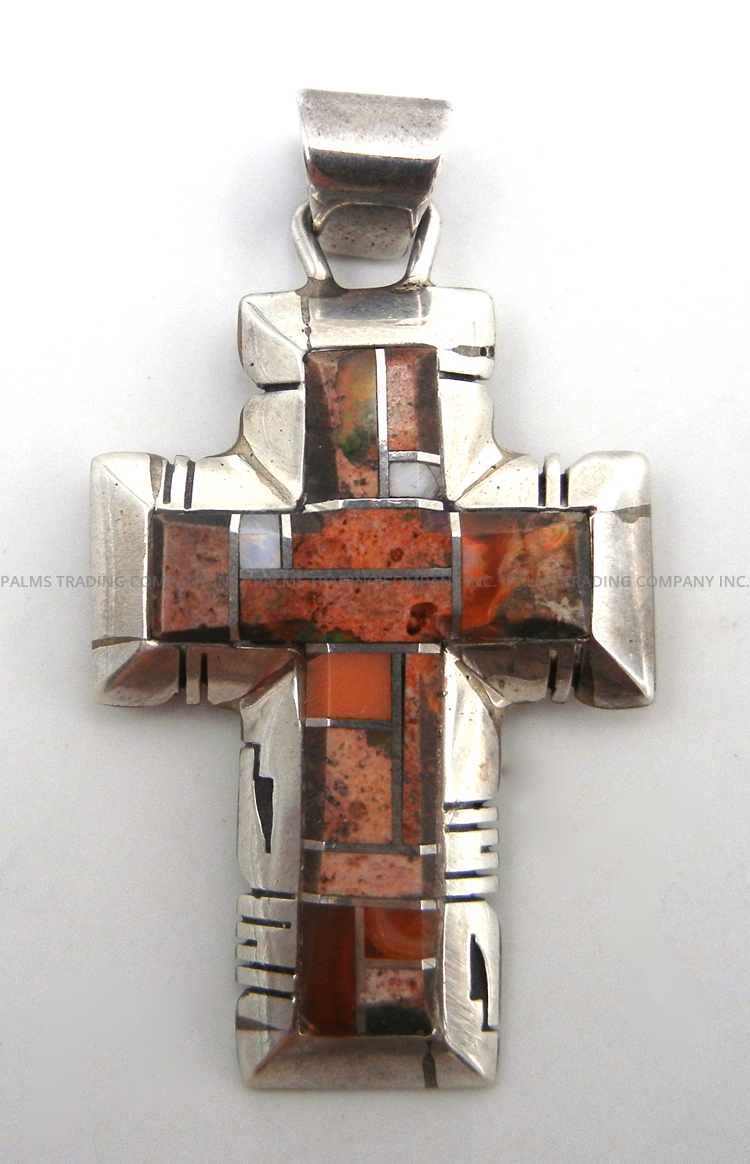 Navajo dolomite, pink coral, lab opal and sterling silver inlay cross pendant by Jerry Platero