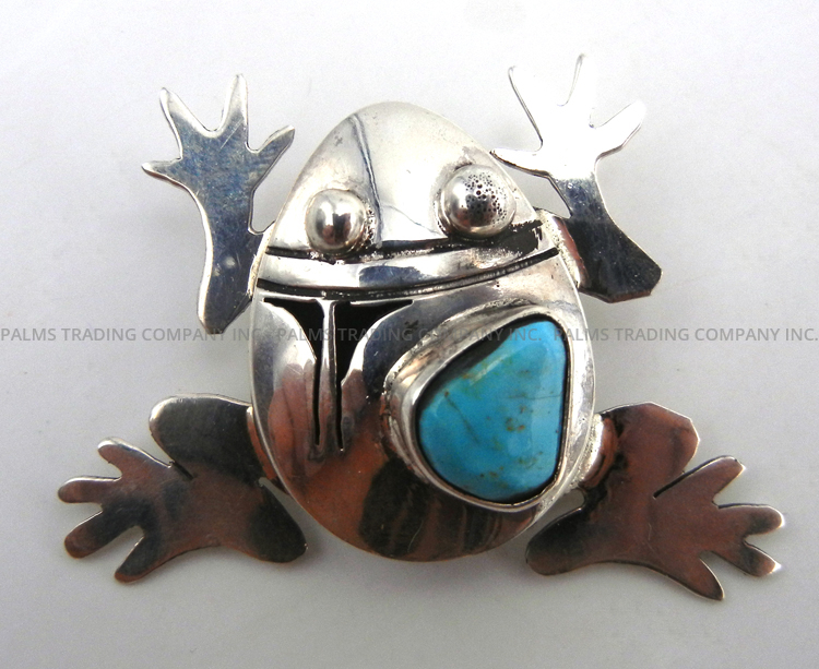 Navajo turquoise and sterling silver shadowbox style frog pendant by Bennie Ration
