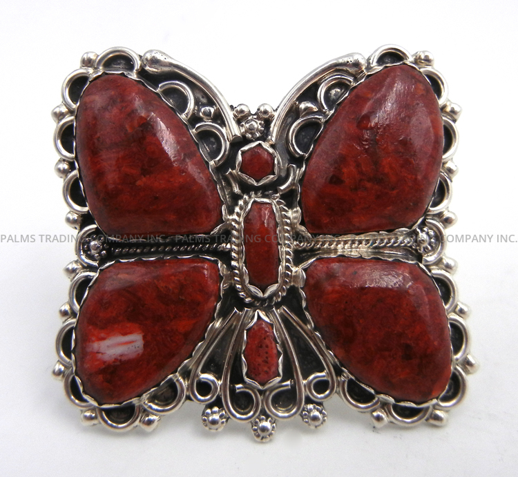 Navajo apple coral and sterling silver adjustable butterfly ring by Zeita Begay