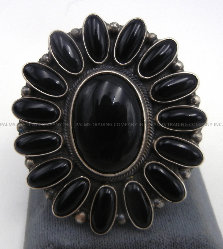 Navajo onyx and brushed sterling silver large adjustable cluster ring by Leon Martinez