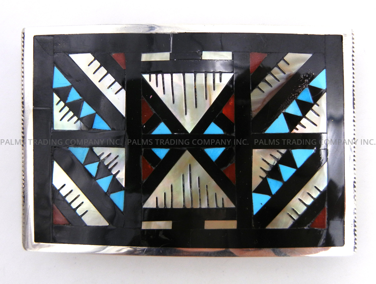 Zuni multi-stone inlay and sterling silver belt buckle by Leander and Lisa Othole