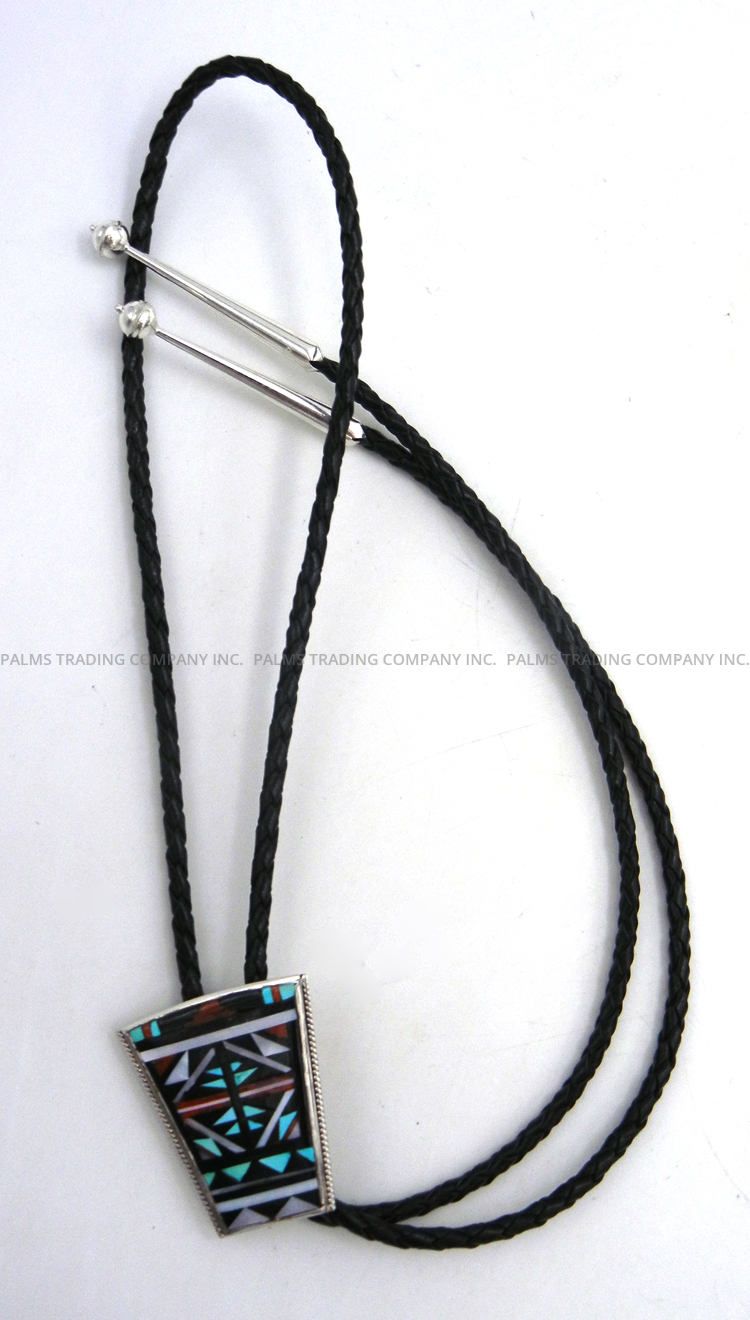 Zuni multi-stone inlay and sterling silver geometric pattern bolo tie