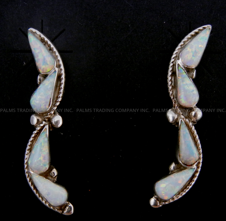 Zuni white lab opal and sterling silver curved post dangle earrings by Joanna Cheama