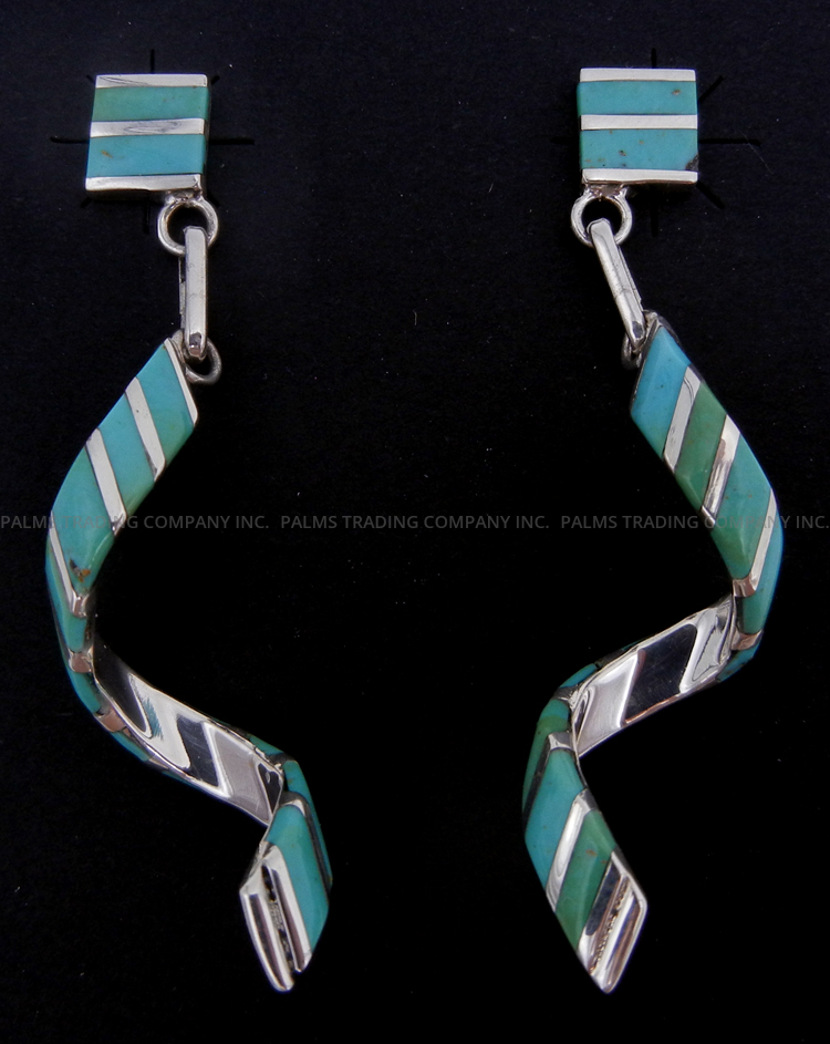 Zuni turquoise and sterling silver inlay spiral post dangle earrings by Shawn Sheyka