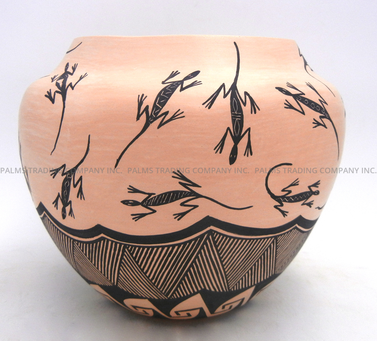 Acoma handmade and hand painted buff and black lizard and weather pattern jar by Sharon Stevens