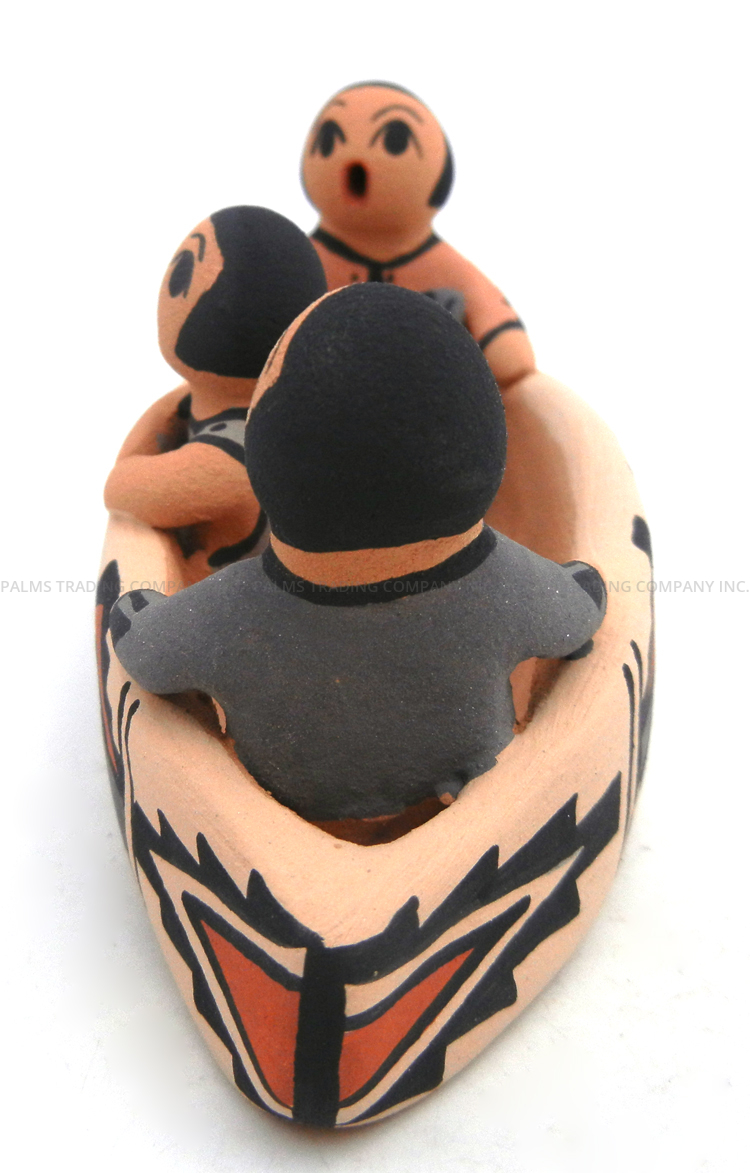 Jemez Chrislyn Fragua Handmade and Hand Painted Canoe Figurine with Three Children and Fish - Image 3