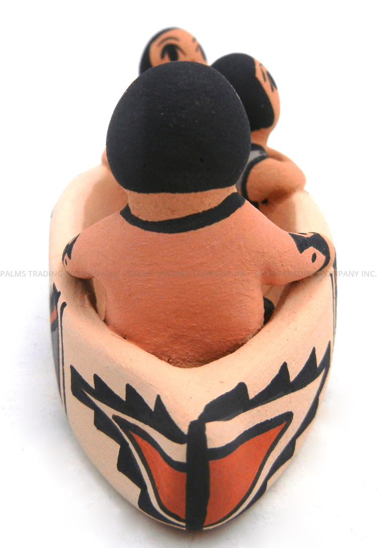 Jemez Chrislyn Fragua Handmade and Hand Painted Canoe Figurine with Three Children and Fish - Image 5