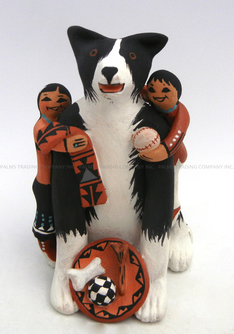 Jemez border collie storyteller figurine with two children by Carol Lucero Gachupin