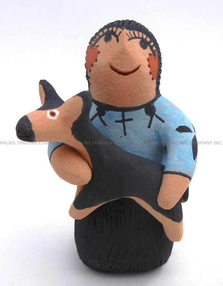 Jemez kneeling female storyteller figurine with dog by Clifford Fragua