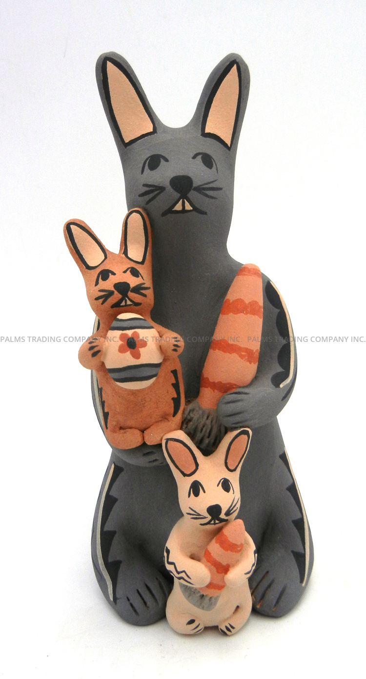 Jemez standing rabbit storyteller figurine with two bunnies by Chrislyn Fragua