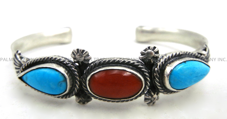 Navajo turquoise, coral and sterling silver cuff bracelet