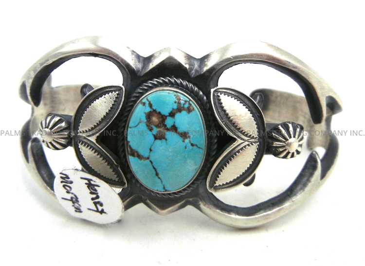 Navajo sandcast sterling silver and turquoise cuff bracelet by Henry Morgan