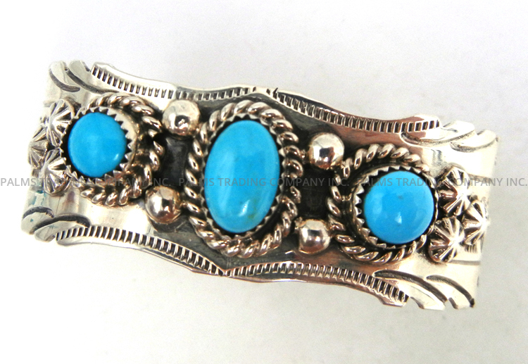 Navajo three stone turquoise and sterling silver cuff bracelet by Jason Bahe