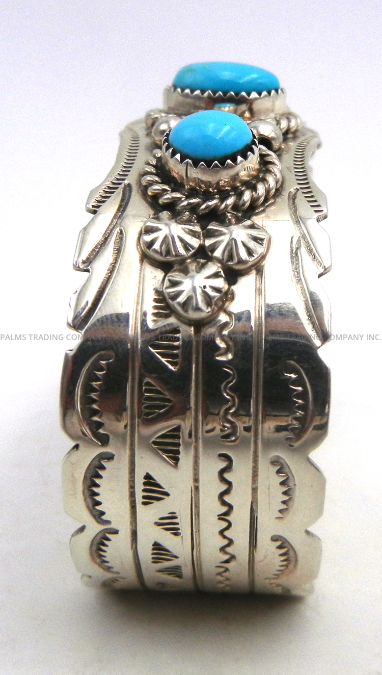 Navajo Jason Bahe Three Stone Turquoise and Sterling Silver Cuff Bracelet - Image 3
