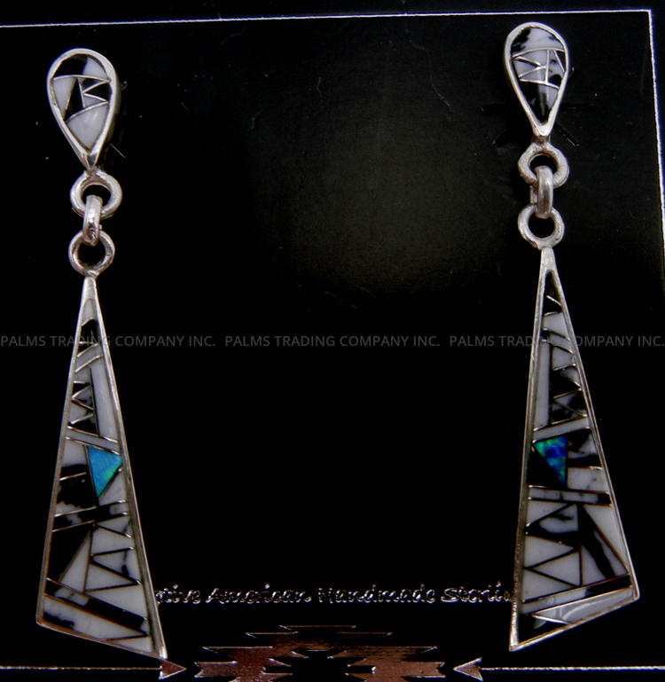 Navajo white buffalo, blue lab opal and sterling silver inlay post dangle earrings by Bryan Sandoval