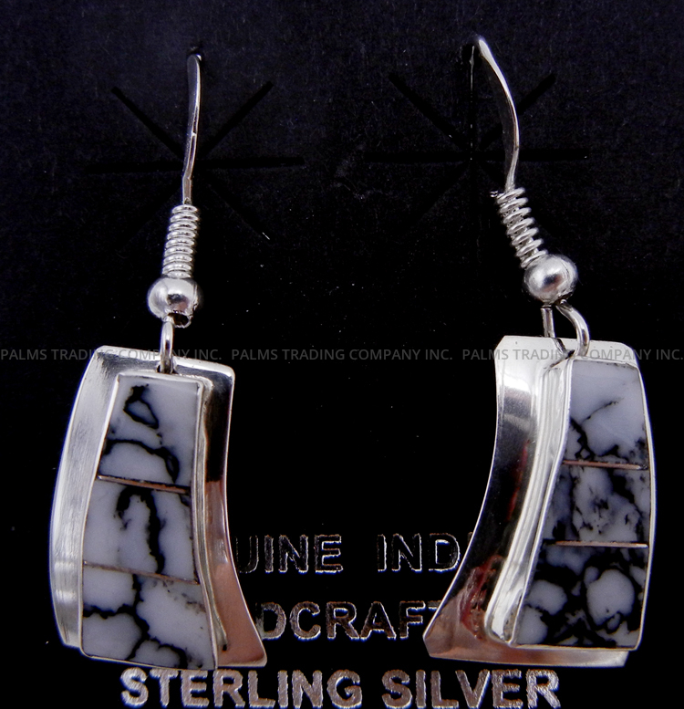 Navajo white buffalo and sterling silver channel inlay dangle earrings by Cynthia Johnson