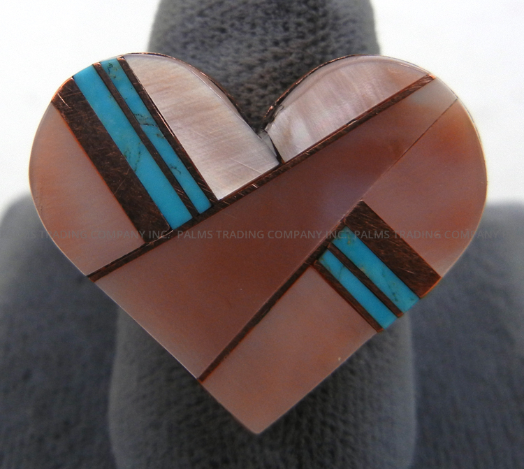 Navajo pink mussel shell, turquoise and copper inlay heart ring by Sharon Gray