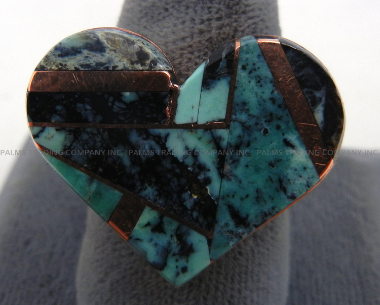 Navajo turquoise and copper inlay heart ring by Sharon Gray