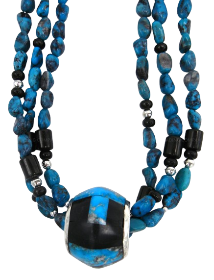 Santo Domingo turquoise, jet and sterling silver heishi and inlay necklace by Daniel Coriz