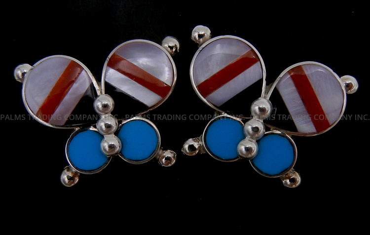 Zuni multi-stone inlay and sterling silver butterfly post earrings