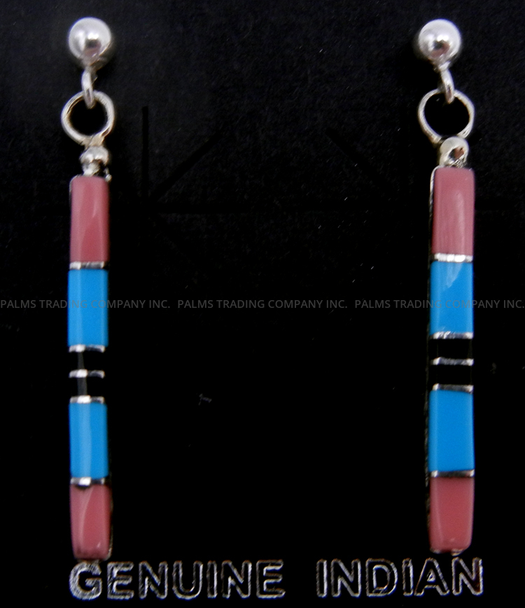 Zuni multi-stone and sterling silver channel inlay post dangle earrings