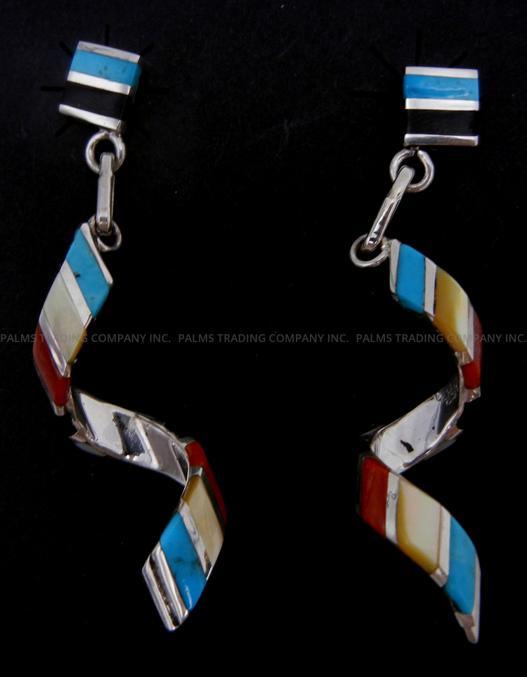 Zuni multi-stone and sterling silver inlay spiral dangle earrings by Shawn Sheyka