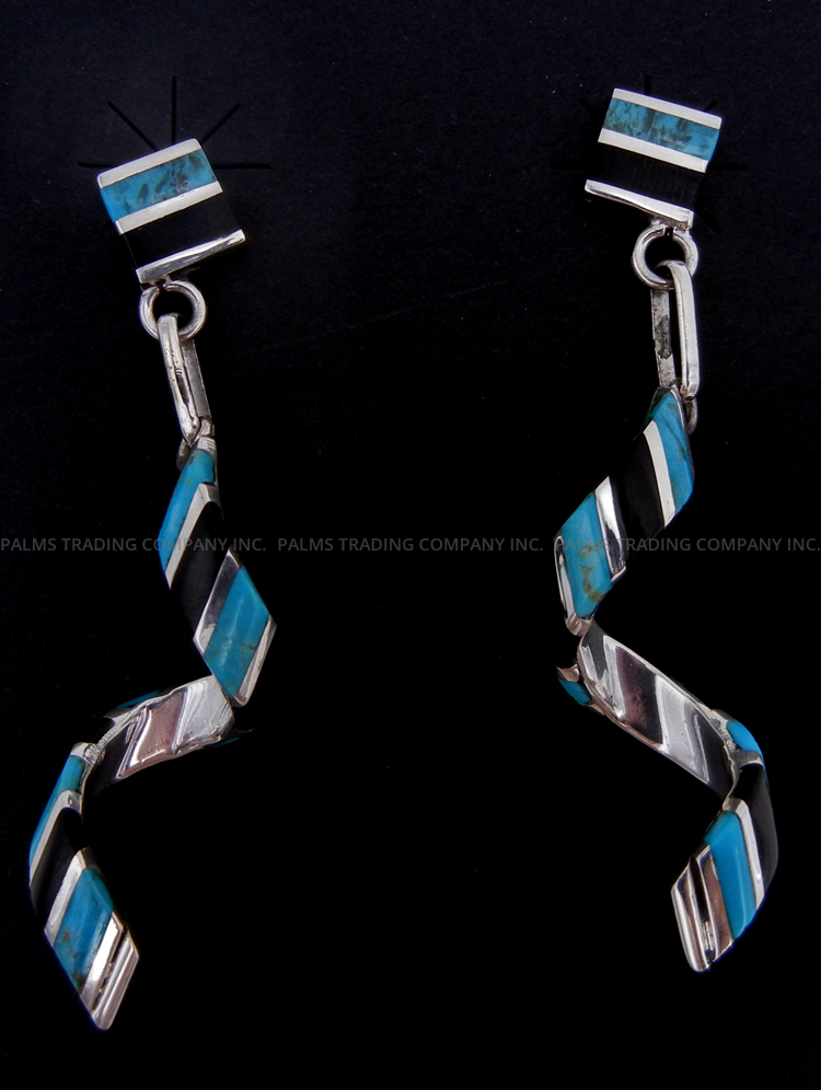 Zuni turquoise, jet and sterling silver spiral post dangle earrings by Shawn Sheyka