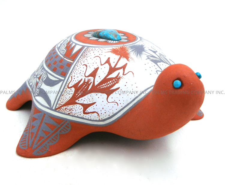 Jemez handmade and hand painted polychrome turtle figurine with turquoise accents by Scott Small