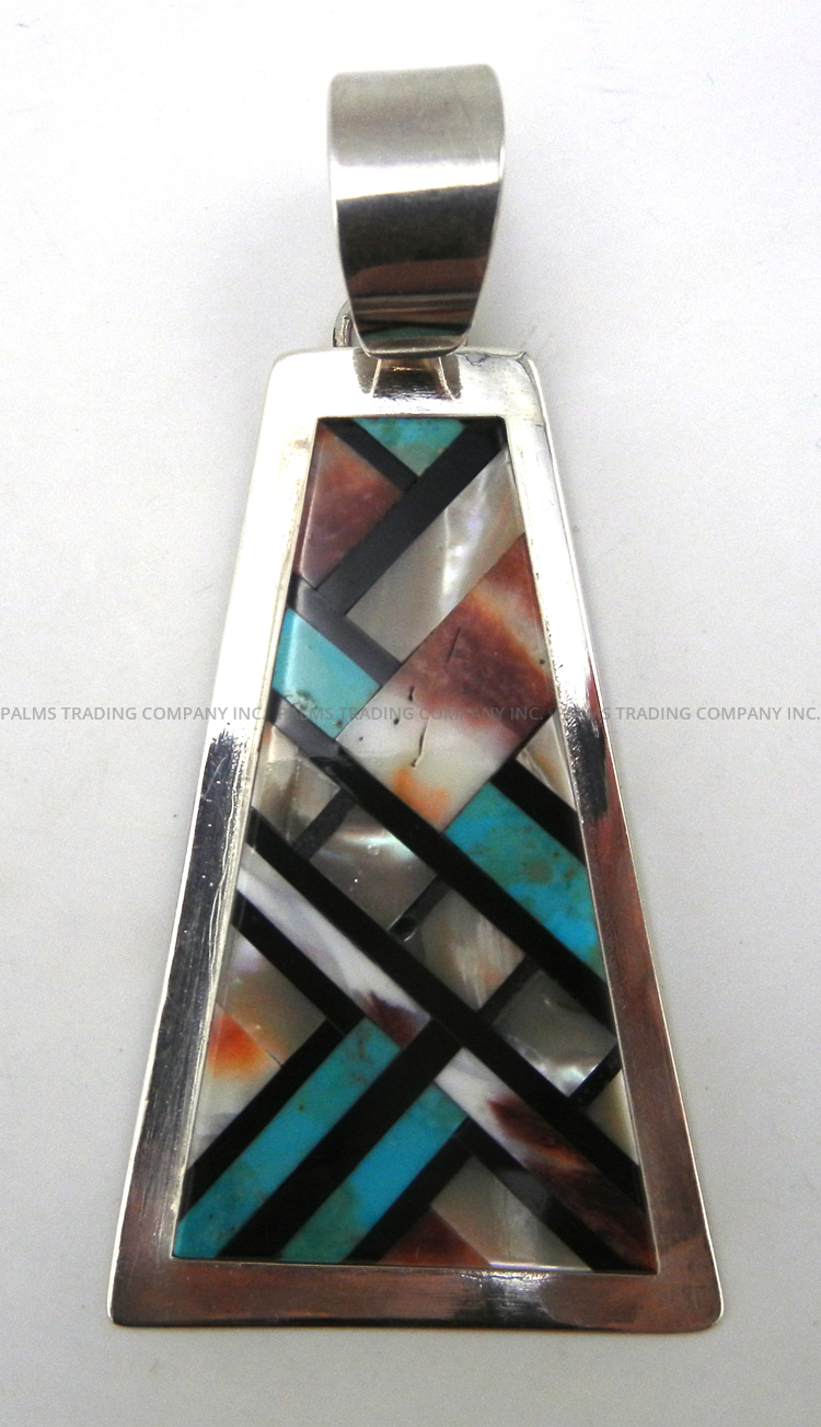 Kewa multi-stone inlay and sterling silver large trapezoidal pendant by Danny Nieto